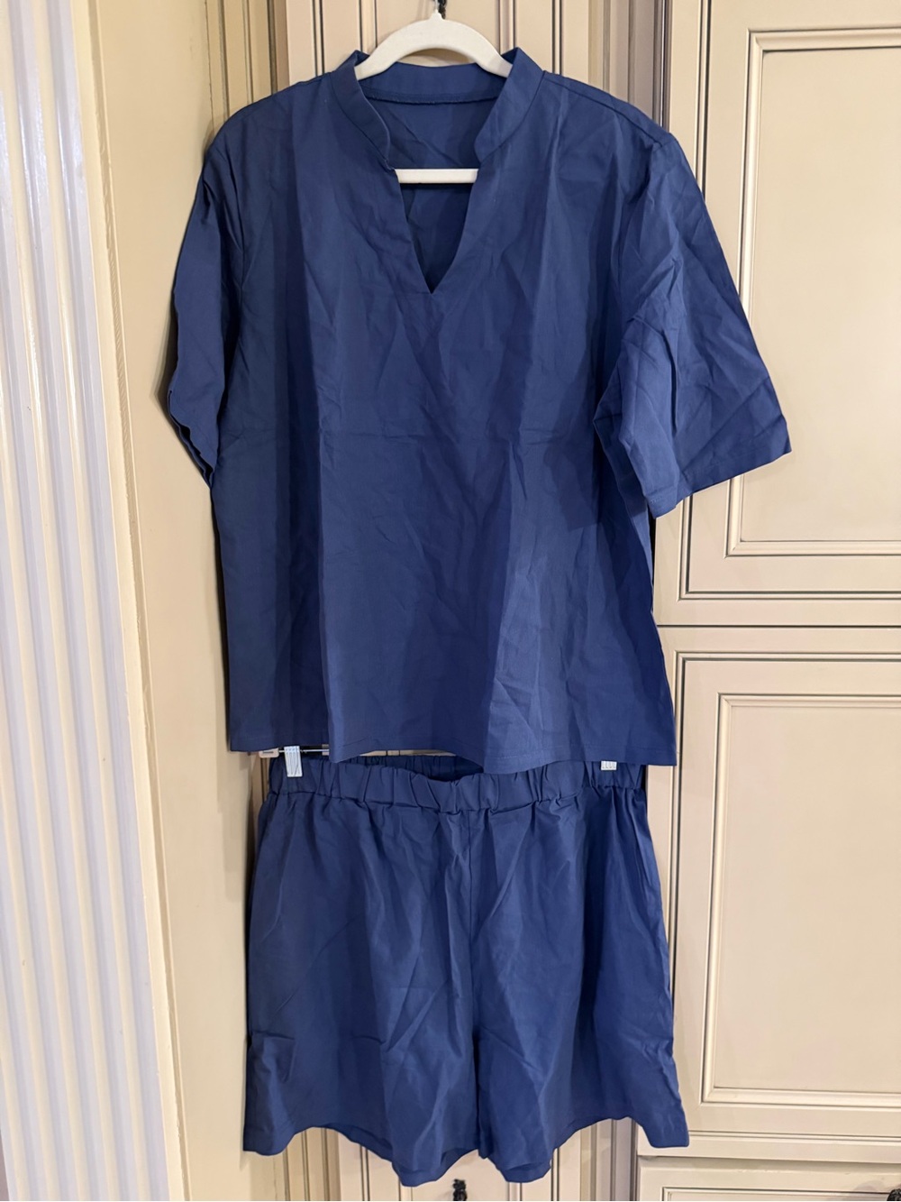 New 2 piece Navy Blue Short Sleeve V-Neck Short Set pockets stretch waist Sz XL